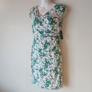 NWT RALPH LAUREN Blue Green Floral Faux Wrap Sleeveless Sheath Dress 6P Spring